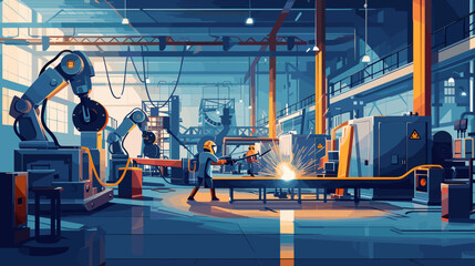 illustration of an industrial welding scene inside a modern factory with  worker in protective gear skillfully