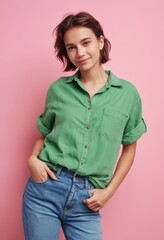 Wall Mural - A woman in a green shirt and blue jeans is standing with her arms crossed and smiling. She is confident and happy