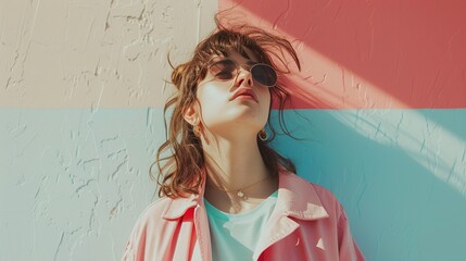 Wall Mural - Channel the minimalistic charm of VSCO filters in a portrait capturing someone in everyday attire, standing with a relaxed demeanor against a simple, pastel-colored background