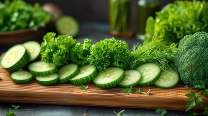 Poster - vegetables and herbs on a wooden kitchen board