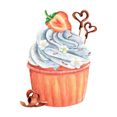 Wall Mural - Cupcake muffin cream watercolor drawing sweet. Strawberry heart stick fruit chocolate cake. Sweet flower sugar treat. Bakery tasty dessert illustration. Birthday decoration. Aquarelle picture isolated