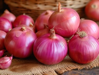 Poster - red onion on wooden background