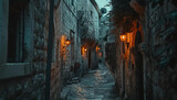 Fototapeta Uliczki - A dark alleyway with a street lamp in the middle