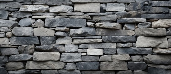 Wall Mural - A closeup image showcasing a stone wall constructed with various types of rocks in a brown hue. The rectangular pattern and composite materials add detail to the brickwork