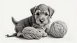 charming Airedale puppy with a ball of wool, black and white image, white background