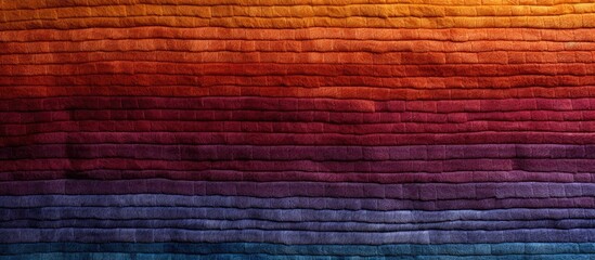 Wall Mural - A close up of a brick wall with a symmetrical pattern of brown, amber, orange, wood tints and shades, magenta, electric blue, and peach colors creating a rainbow of hues