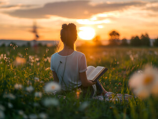 Wall Mural - Beautiful Caucasian girl reading a book in the meadow.
