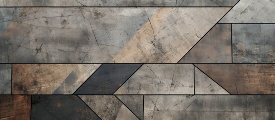 Sticker - A detailed closeup of a geometric pattern on a brown wooden flooring, showcasing rectangles and triangles. The composite material adds an elegant touch to the building fixture