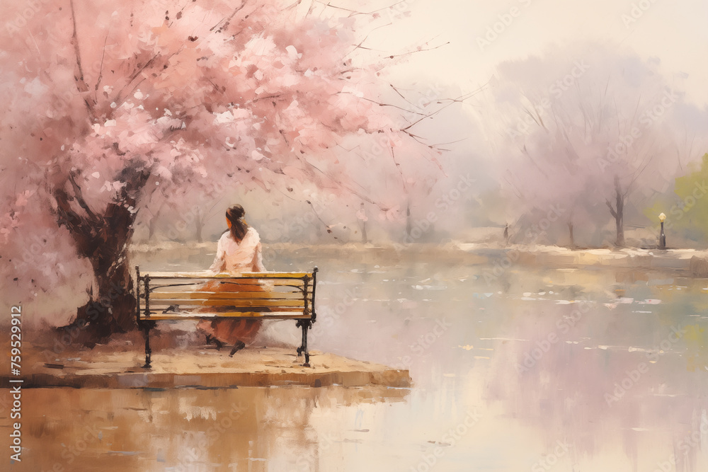 painting of a woman sitting on a park bench with pond, in the style of ...