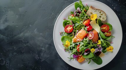 Wall Mural - Indulging in a gourmet meal on a white platter against a dark backdrop adorned with blossoms, greens, and tomatoes, featuring a top-down view of a spinach, arugula, cheese, salmon, and baguette salad.