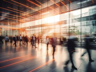 office building in peach light. long exposure shot with blur: a crowd of business people walking thr