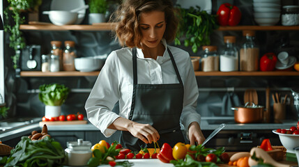 Wall Mural -  nutritionist in a kitchen. Preparing for a presentation