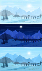 Set of vector illustrations on the theme of winter. Snowy landscapes of the north. Frosty places of Canada, Iceland and Norway. Wide range of backgrounds for your projects. Night, day and morning view