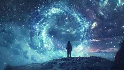 Wall Mural - a man standing in front of cosmic panorama. amidst the cosmic panorama a lone man. seamless looping overlay 4k virtual video animation background