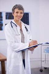 Poster - Hospital, doctor and portrait of woman with clipboard for insurance, medical notes and wellness. Healthcare, clinic and happy health worker with documents for service, treatment plan and medicare