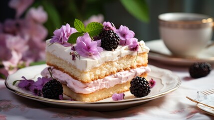 Slice of tasty sweet cake with cream decorated with flowers