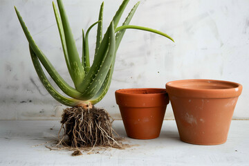 An aloe vera plant with exposed roots is placed next to two empty terracotta pots on a white, rustic background ready for repotting.