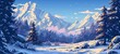 © Maxim - Pixel art depicting a serene winter landscape for a game level. Snow-covered mountains, evergreen trees, and a frozen river are rendered in a charming 8-bit style, with a pastel sunset sky.
