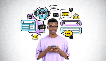 Poster - African man using smartphone and chat bot doodle with online connection icons