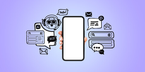 Poster - Woman hand with mock up phone display, chat bot speech bubbles sketch