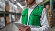 © jirayut - Close-up of man in safety vest hands using tablet checking information or inventory while standing in the warehouse