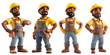 Set of 3d cartoon construction worker with yellow shirt and helmet in various pose isolated on transparent background, png files.