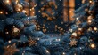 Close-up view capturing a large, uniform deep blue night hue zone, surrounded by delicate fir branches, creating a cozy and festive Christmas ambiance. The decorations shi