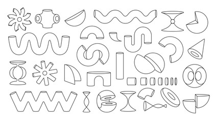Poster - Retro futuristic geometric shapes, wireframe shapes with lines. Elements in cyberpunk style on white background.