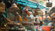 Birds in Cages Hanging at the Bird Garden and Market, Traditional Bird Market Scene with Colorful Aviary, Exotic Bird Species for Sale, Cultural Tourism Concept, Generative AI

