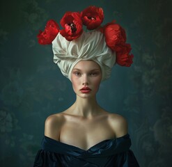 Wall Mural - sureal portrait of a young woman with a white turban and red flowers on her head