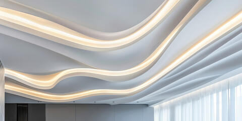 Elegant Curved Ceiling Architecture with led lights. Abstract closeup of a designer modern ceiling design with copy space.