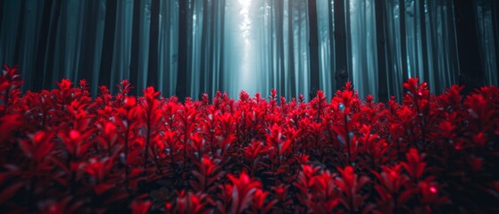  a forest filled with lots of red plants next to a forest filled with lots of tall trees with a bright light coming from the top of the trees.