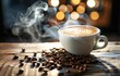 A warm, inviting cup of coffee emits steam on a rustic wooden table amidst scattered coffee beans, with a bokeh light backdrop