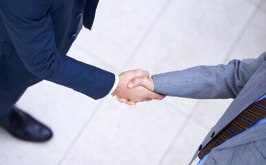 Wall Mural - Top view, business people and handshake for deal, collaboration and b2b partnership agreement for consultant. Above, introduction and shaking hands for greeting, welcome and thank you in workplace