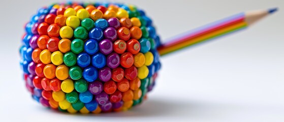 Wall Mural -  a close up of a multi colored object with a pencil in it's mouth and a pencil holder in the shape of a ball.