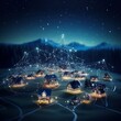 model houses and wires connected with a building premium photo, in the style of canon ts-e 17mm f4l tilt-shift, luminous pointillism, futuristic organic, low poly, depiction of rural life, the stars a