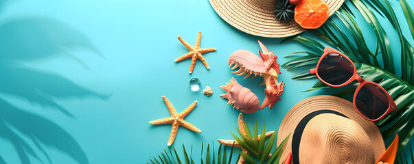 Wall Mural - Top view flat lay of a summer background featuring starfish, oranges, beach hat, glasses, and palm leaves. A blue turquoise summer composition with space for copy or text.