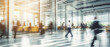 © ND STOCK - Business people walk in a large office lobby against a cityscape background. Motion blur effect, bright business workplace with people in walking in blurred motion in modern office space