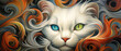 A painting of a white cat with orange eyes 