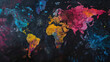 Abstract world map painting, vibrant splash of colors on dark background.