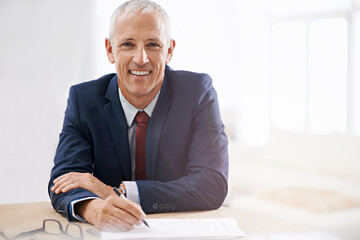 Poster - Office, documents and portrait of business man with confidence for career, job and working at desk. Professional, startup agency and senior person writing notes for company pride, smile and planning