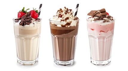 Three glasses of various milkshakes (chocolate, strawberry and vanilla) isolated on white background