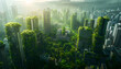 Spectacular eco-futuristic cityscape full of greenery and skyscrapers with manmade green spaces and parks in urban area, digital art 3d illustration