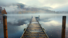 A Landing Jetty At Derwent Water On A Misty Autumn Morning. Generative AI