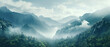 A view of a mountain range covered in trees and fog 