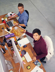 Poster - Business people, men and portrait while eating with top view for deadline, pizza and coworking company. Programmer, teamwork and technology on lunch with fast food, happiness and software development