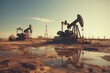 Oil drilling derricks in the arid desert landscape - industrial exploration at remote location