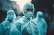 Asian doctor in hazmat ppe surrounded by weary medical staff in clean suits and masks