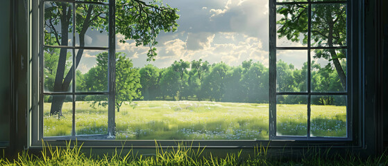  A window with a view of a grassy field and trees.