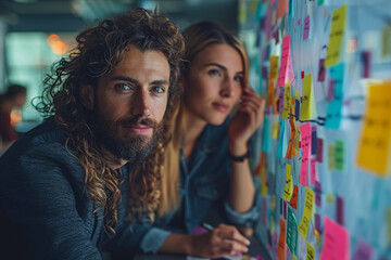 Canvas Print - A team of professionals engaged in a brainstorming session, exchanging creative ideas on a whiteboard. Concept of collaborative innovation. Generative Ai.